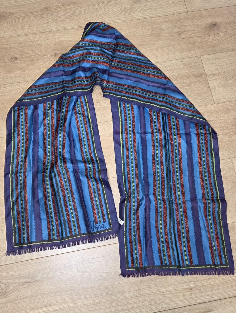Vintage Vera Neumann Made in Italy Long Oblong Scarf Blue Striped Fringe 67x14